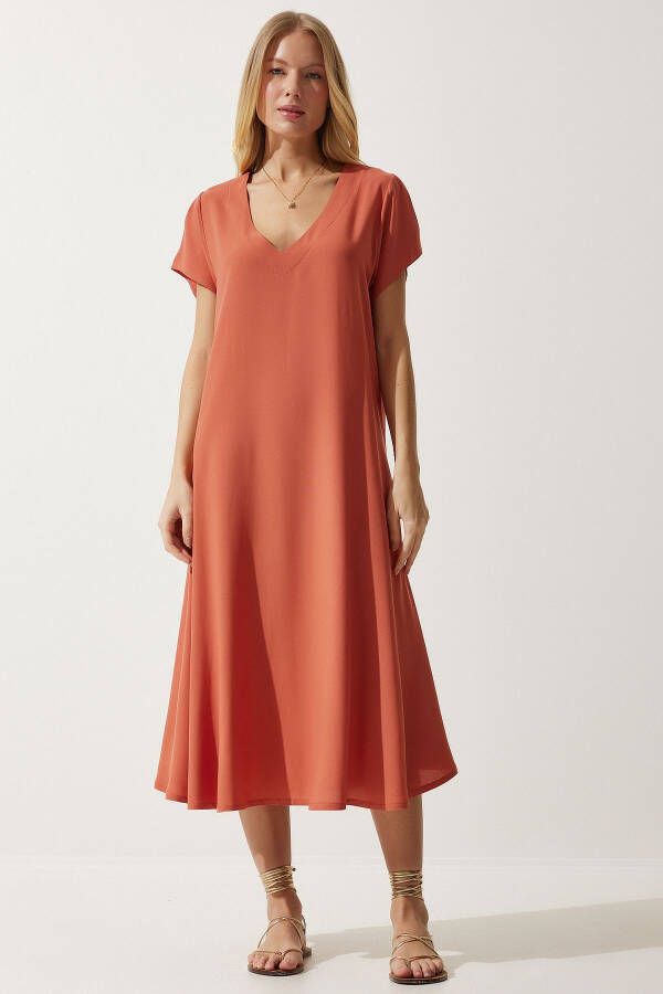 Women's Orange V-Neck Summer Loose Viscose Dress EN00612 - 1