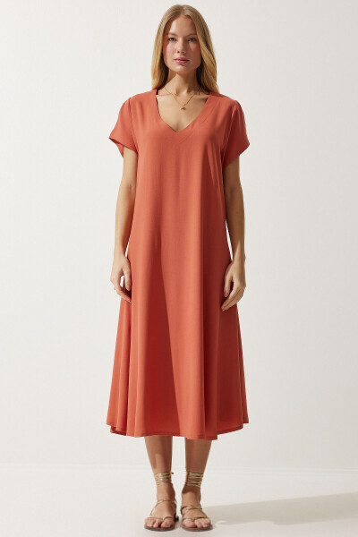 Women's Orange V-Neck Summer Loose Viscose Dress EN00612 - HAPPINESS İSTANBUL (1)