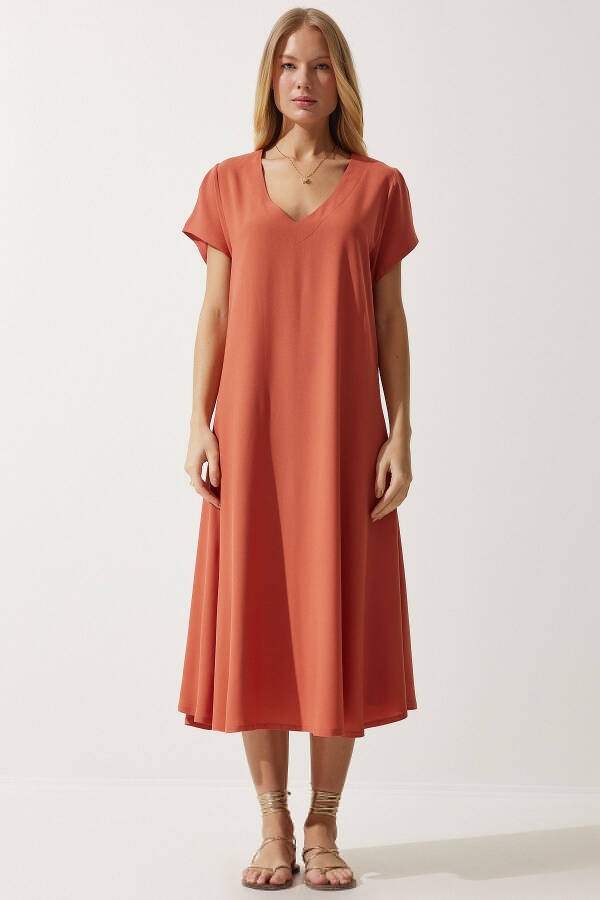 Women's Orange V-Neck Summer Loose Viscose Dress EN00612 - 2