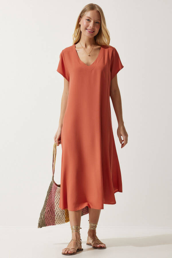 Women's Orange V-Neck Summer Loose Viscose Dress EN00612 - 3