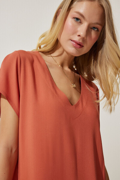 Women's Orange V-Neck Summer Loose Viscose Dress EN00612 - 5