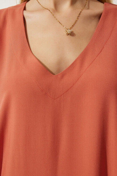 Women's Orange V-Neck Summer Loose Viscose Dress EN00612 - 6