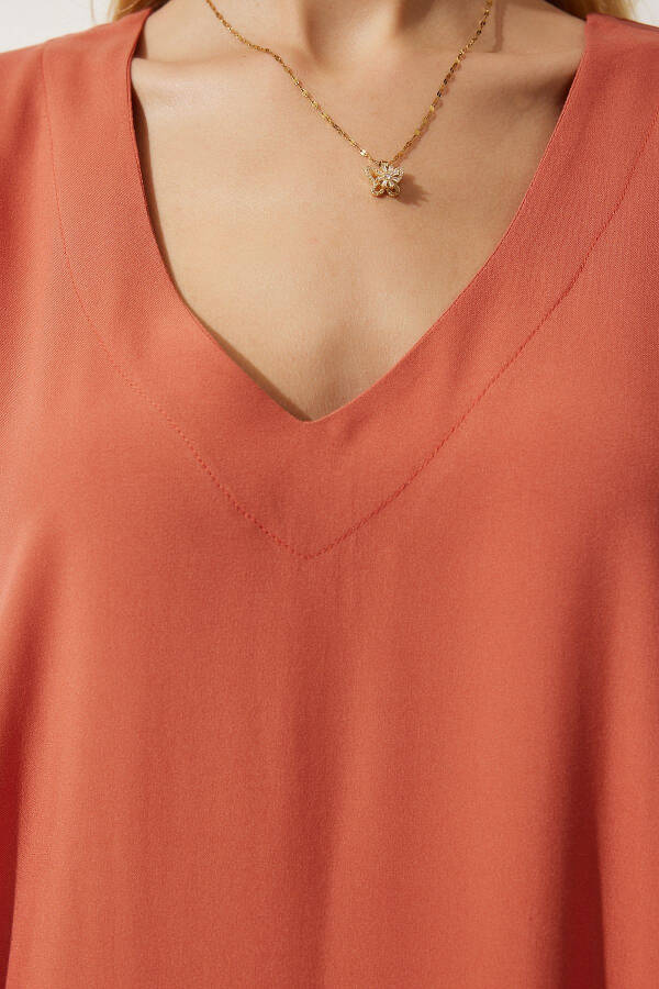 Women's Orange V-Neck Summer Loose Viscose Dress EN00612 - 6