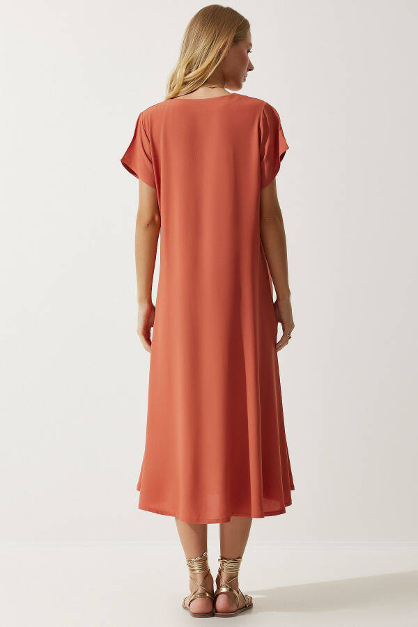Women's Orange V-Neck Summer Loose Viscose Dress EN00612 - 7