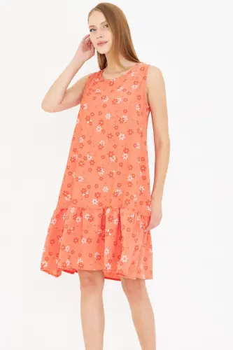 Women's Orange-White Daisy Pattern Sleeveless Ruffled Dress ARM-22Y001123-Orange - 1