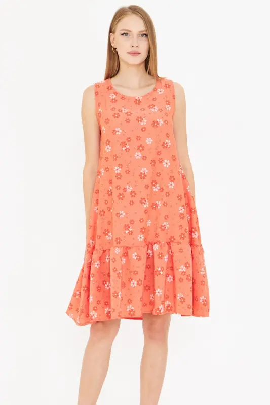 Women's Orange-White Daisy Pattern Sleeveless Ruffled Dress ARM-22Y001123-Orange - 2