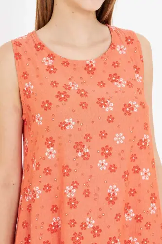 Women's Orange-White Daisy Pattern Sleeveless Ruffled Dress ARM-22Y001123-Orange - 3
