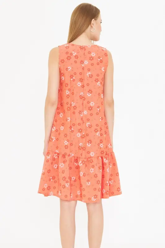 Women's Orange-White Daisy Pattern Sleeveless Ruffled Dress ARM-22Y001123-Orange - 4