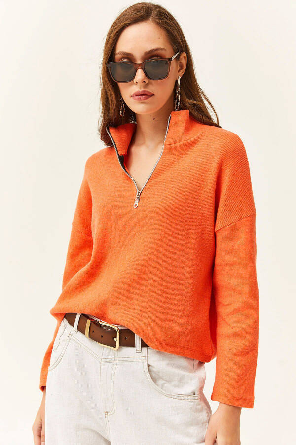 Women's Orange Zipped High Neck Thistle Sweater - 2