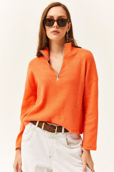 Women's Orange Zipped High Neck Thistle Sweater - 3