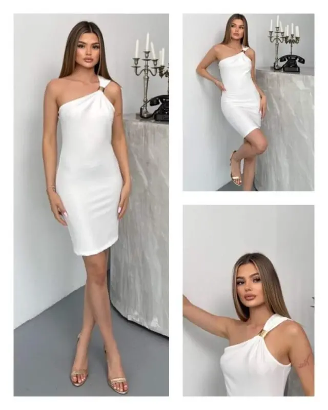 Women's Ottoman Fabric One Shoulder Strap Buckle Detailed Mini Dress - 1