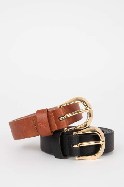 Women's Oval Buckle Faux Leather 2-Pack Classic Belt - 1