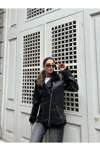 Women's Oversize Biker Leather Fur Jacket-Black Beige - 1