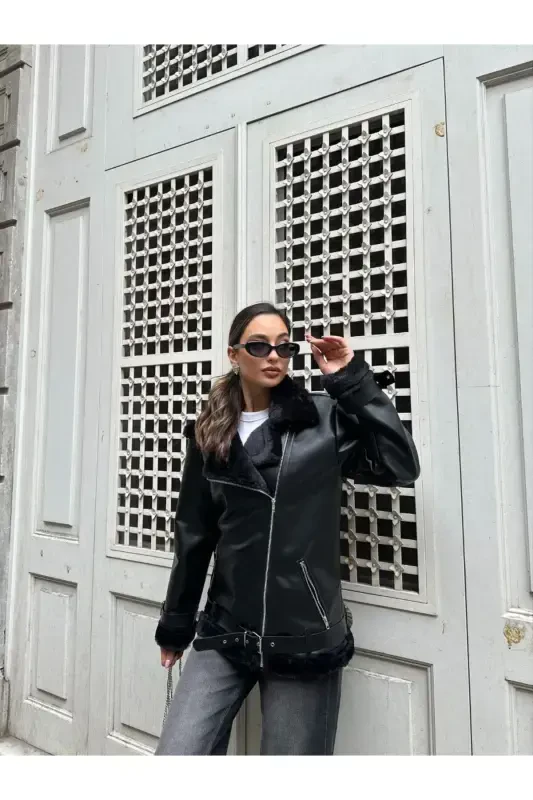 Women's Oversize Biker Leather Fur Jacket-Black Beige - 1