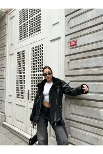 Women's Oversize Biker Leather Fur Jacket-Black Beige - 2