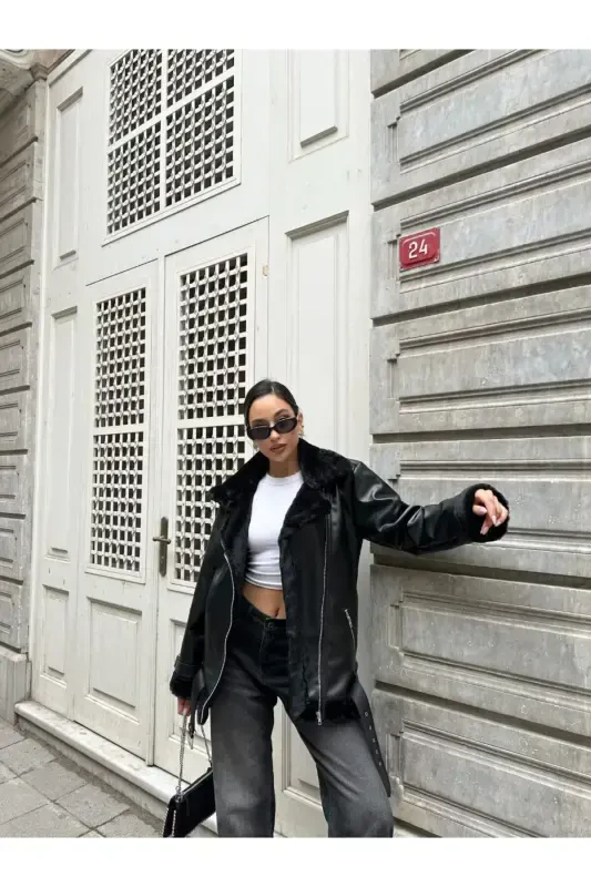 Women's Oversize Biker Leather Fur Jacket-Black Beige - 2