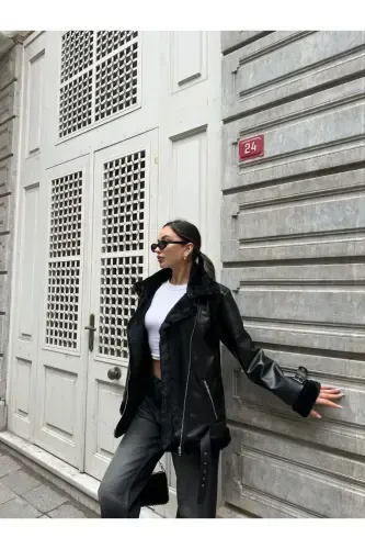 Women's Oversize Biker Leather Fur Jacket-Black Beige - 3