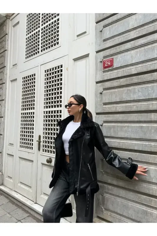 Women's Oversize Biker Leather Fur Jacket-Black Beige - 3