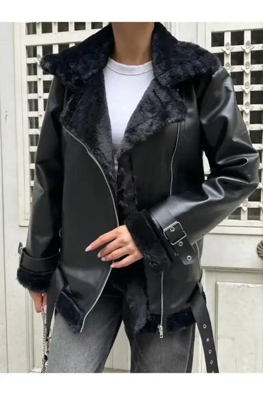 Women's Oversize Biker Leather Fur Jacket-Black Beige - 4