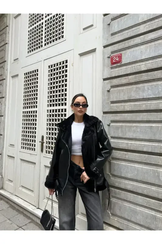 Women's Oversize Biker Leather Fur Jacket-Black Beige - 5