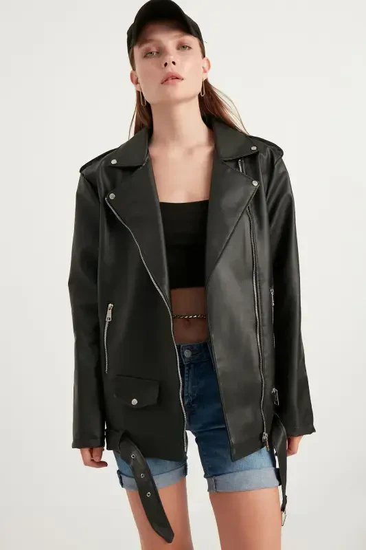 Women's Oversize Biker Leather Jacket - 2