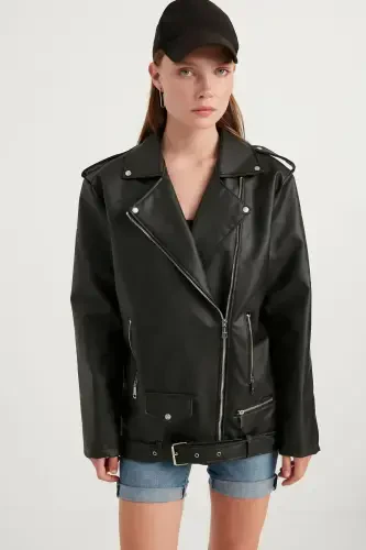 Women's Oversize Biker Leather Jacket - 3