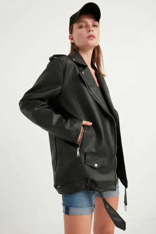Women's Oversize Biker Leather Jacket - 5