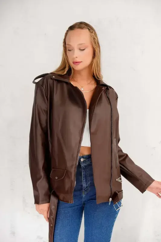 Women's Oversize Biker Leather Jacket- Bitter coffee - 1