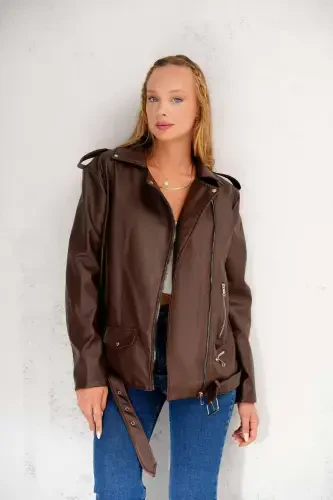 Women's Oversize Biker Leather Jacket- Bitter coffee - 2