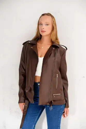 Women's Oversize Biker Leather Jacket- Bitter coffee - 3