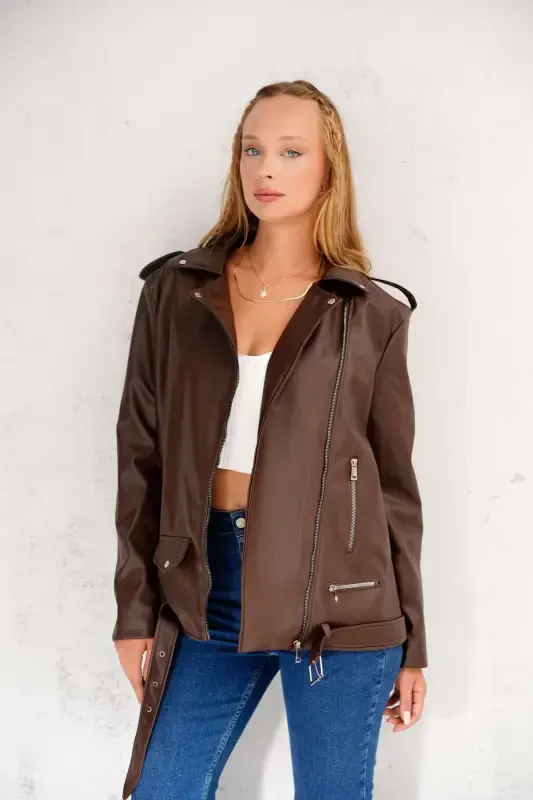 Women's Oversize Biker Leather Jacket- Bitter coffee - 3
