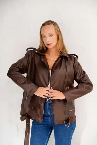 Women's Oversize Biker Leather Jacket- Bitter coffee - 5