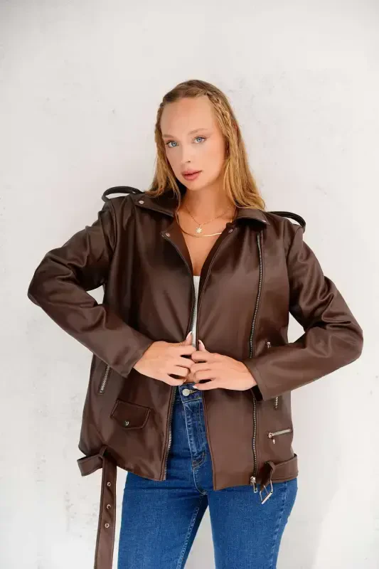 Women's Oversize Biker Leather Jacket- Bitter coffee - 5