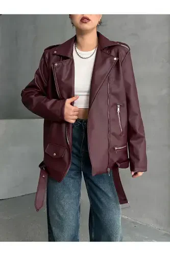 Women's Oversize Biker Leather Jacket-Burgundy - 1