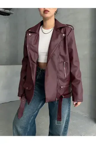 Women's Oversize Biker Leather Jacket-Burgundy - 3