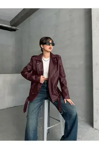 Women's Oversize Biker Leather Jacket-Burgundy - 4