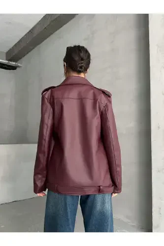 Women's Oversize Biker Leather Jacket-Burgundy - 6