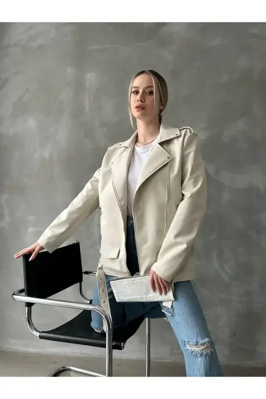 Women's Oversize Biker Leather Jacket-cream - 2