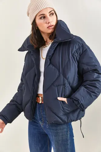 Women's Oversize Padded Jacket-Navy Blue - 3