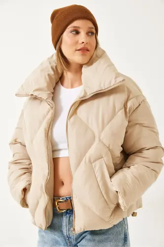 Women's Oversize Puffer Jacket-Beige - BIANCO LUCCI (1)