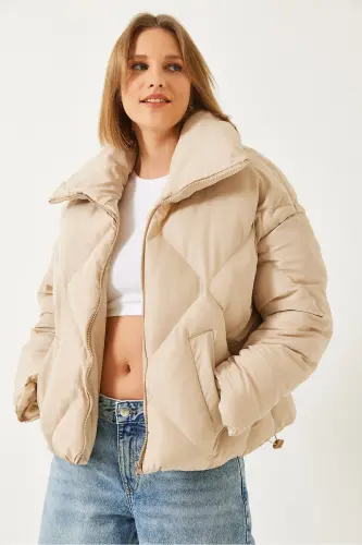 Women's Oversize Puffer Jacket-Beige - 5