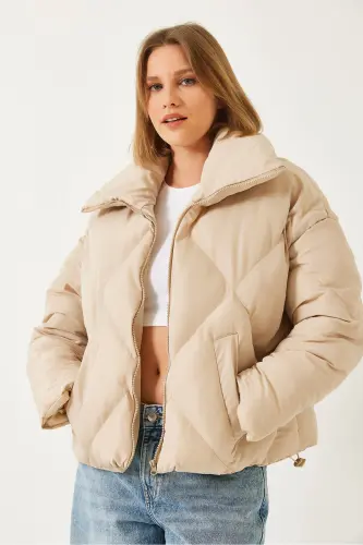 Women's Oversize Puffer Jacket-Beige - 6