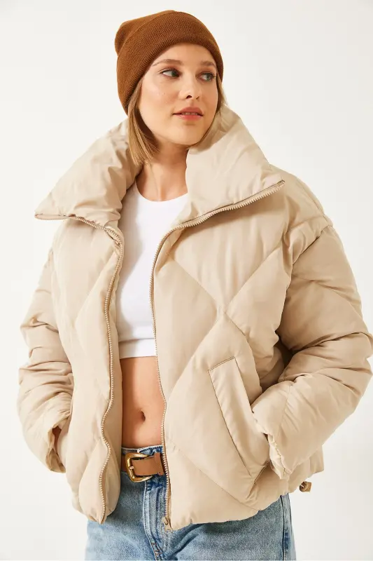 Women's Oversize Puffer Jacket-Beige - 2