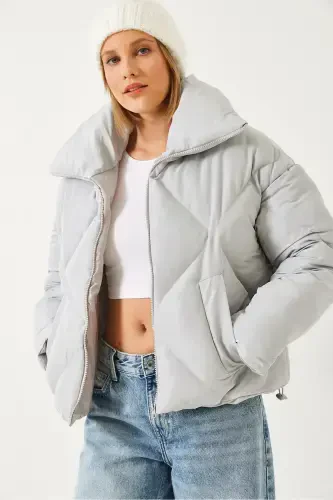 Women's Oversize Puffer Jacket-Gray - 4