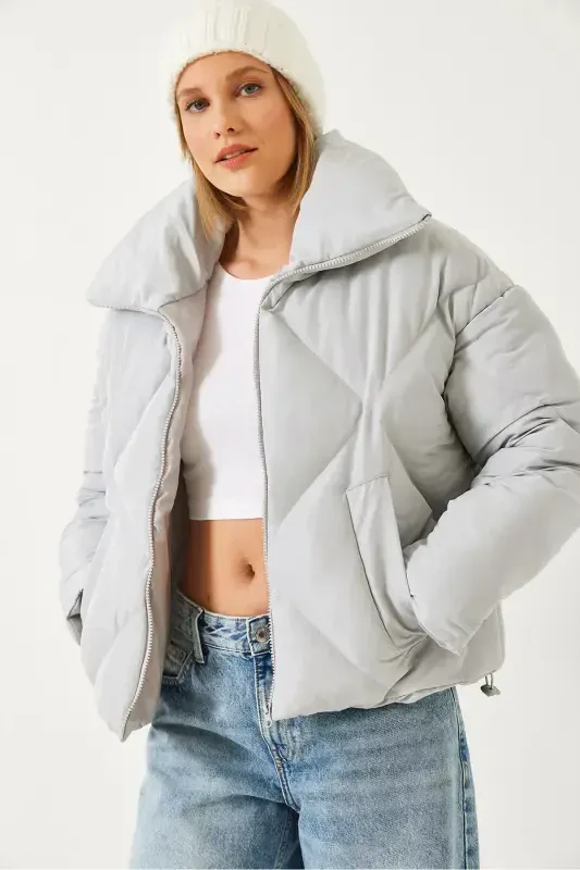 Women's Oversize Puffer Jacket-Gray - 4