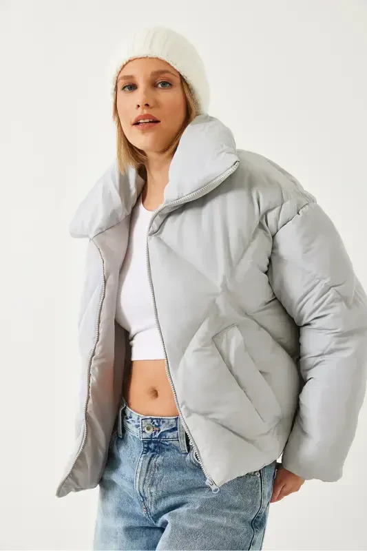 Women's Oversize Puffer Jacket-Gray - 5