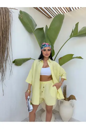 Women's Oversize Shirt Shorts Set-Yellow 