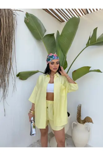 Women's Oversize Shirt Shorts Set-Yellow - LB LALUNA BUTIK (1)