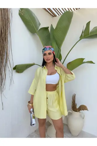 Women's Oversize Shirt Shorts Set-Yellow - 5