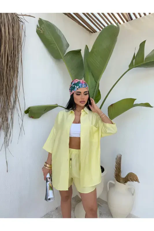 Women's Oversize Shirt Shorts Set-Yellow - 2
